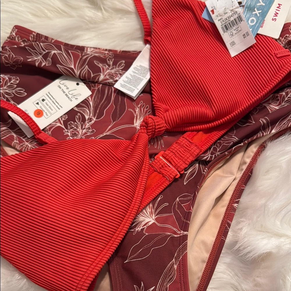 Roxy Nwt L (M ) red-Orange ribbed Knot of Bikini Top & Cupshe NWT ruched bottom